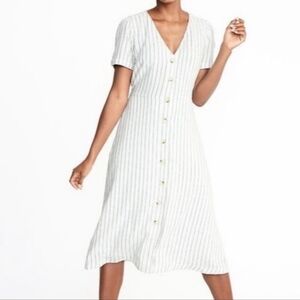 Old Navy Linen Blend Striped V-Neck Button-Down Dress